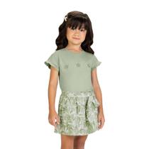 Conjunto Menina Blusa Cropped Verde Borboletas Bordadas e Saia Folhas Milon Tamanho:12 anos