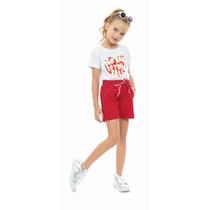 Conjunto Menina Blusa em Cotton e Shorts em Moletinho - Branco/Vermelho