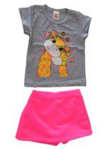 Conjunto Menina Blusa Estampada Cotton e Shorts/Saia Moletinho Neon Bebê Criança Feminino Infantil