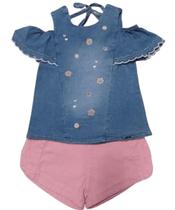 Conjunto Menina Blusa Jeans + Shorts Verão Paraiso Rf 14983