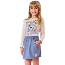 Conjunto Menina Blusa Manga Longa Cotton e Shorts Saia em Molecotton Denim - Cinti