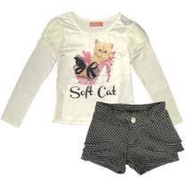 Conjunto Menina Cetim Gatinha "Soft Cat" e Short-Saia Tweed