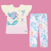 Conjunto Menina Cinti Blusa Algodão e Calça Legging em Suplex Estampa Sereia Off/Colorido Conjunto Menina Cinti Blusa Algodão e Calça Legging em Suplex Estampa Sereia Off/Colorido
