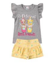 Conjunto Menina Cotton Manga Com Babados Estampado Cinza