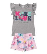 Conjunto Menina Cotton Manga Com Babados Estampado Cinza