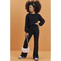 Conjunto Menina de Blusão Boxy Over e Calça Flare em Malha Down Town PRETO- Lilimoon