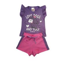 Conjunto Menina Dog Lilás/Chiclete Blusa Manga Curta e Shorts