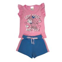 Conjunto Menina Dog Rosa/Azul Blusa Manga Curta e Shorts