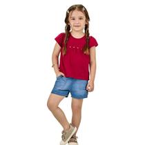 Conjunto Menina Glinny Bata Malha Poá Shorts Jeans com Lavan