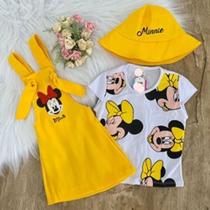 Conjunto Menina Jardineira Minnie Blusa + Chapéu amarelo