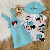 Conjunto Menina Jardineira Minnie Blusa + Chapéu Azul Claro Conjunto Menina Jardineira Minnie Blusa + Chapéu Azul Claro