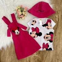 Conjunto Menina Jardineira Minnie Blusa + Chapéu Rosa Escuro