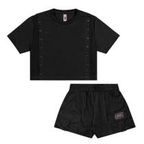 Conjunto Menina Juvenil Mod.Me Blusa Algodão c/ Apliques e Short Moletinho Denim Preto Conjunto Menina Juvenil Mod.Me Blusa Algodão c/ Apliques e Short Moletinho Denim Preto