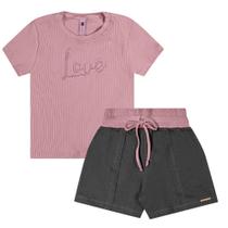 Conjunto Menina Juvenil Mod.Me Blusa Canelada c/ Bordado Escrito "Love" e Short Moletinho Rosê/Cinza Chumbo
