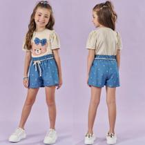 Conjunto Menina Kukiê Blusa Algodão e Short Jeans c/ Mini Bordado