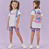 Conjunto Menina Kukiê Blusa Alongada Algodão e Biker em FlyTech Branco/Azul Conjunto Menina Kukiê Blusa Alongada Algodão e Biker em FlyTech Branco/Azul