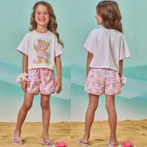 Conjunto Menina Kukiê Blusa Boxy Over Algodão e Short Nylon Branco/Colorido