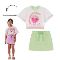 Conjunto Menina Kukiê Blusa Boxy Over Algodão e Short Saia Moletom Branco/Verde