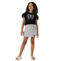 Conjunto Menina Kyly Blusa Algodão Cropped Estampa Borboleta e Short Saia em Moletom Preto/Cinza