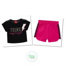 Conjunto Menina Kyly Blusa Algodão Shorts Moletom Leve Preto/Rosa