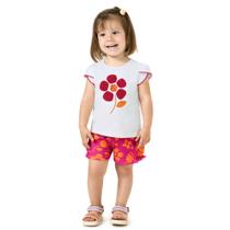 Conjunto Menina Kyly Blusa em Meia Malha Branca e Shorts em Meia Malha Rosa com Estampa