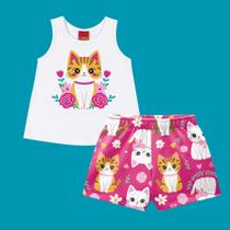 Conjunto Menina Kyly Regata Algodão Estampa Gatinho e Short Branco/Pink Conjunto Menina Kyly Regata Algodão Estampa Gatinho e Short Branco/Pink