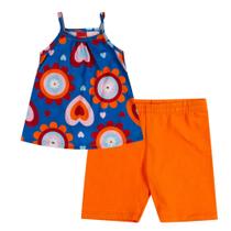 Conjunto Menina Kyly Regata em Meia Malha Azul Estampada e Ciclista em Cotton Laranja Conjunto Menina Kyly Regata em Meia Malha Azul Estampada e Ciclista em Cotton Laranja