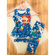Conjunto Menina Legging Temático Ariel a Pequena Sereia +Laço de Cabelo