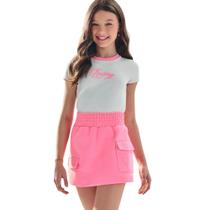 Conjunto Menina Lilimoon Cropped Canelado e Short Saia Moletinho Branco/Rosa Neon Conjunto Menina Lilimoon Cropped Canelado e Short Saia Moletinho Branco/Rosa Neon