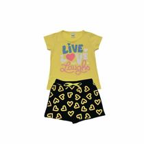 Conjunto Menina Love Amarelo/Preto Blusa Manga Curta e Shorts/Saia