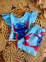 Conjunto Menina Malu Temático Stitch Azul + Short RF04