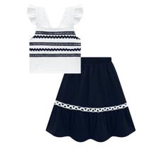 Conjunto Menina Milon Algodão Blusa Cropped e Saia Midi Branco/Marinho