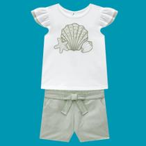 Conjunto Menina Milon Blusa Cotton Estampa Conchas e Short Tricoline Branco/Verde
