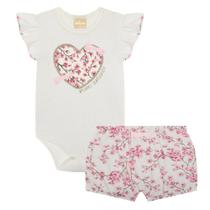 Conjunto Menina Milon em Cotton Body Estampa Coração e Short Florido Rosa Tamanho:M Conjunto Menina Milon em Cotton Body Estampa Coração e Short Florido Rosa Tamanho:M