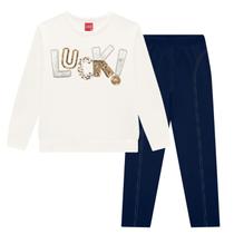 Conjunto Menina Moletom Off-White Luck Brilho Dourado e Legging Azul Kyly