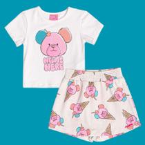 Conjunto Menina Momi Blusa Algodão e Short Saia Estampa Sorvete de Urso Off White
