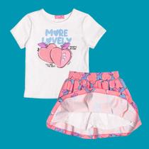 Conjunto Menina Momi Blusa Algodão e Short Saia Moletinho Off/Estampado