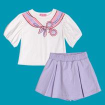 Conjunto Menina Momi Blusa Boxy Estampa Lúdica e Short Saia Sarja Off/Lilás