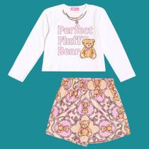 Conjunto Menina Momi Blusa em ALgodão e Shorts Saia Moletinho Estampada Ursinhos Tamanho:4