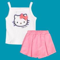 Conjunto Menina Momi Regata Canelada Hello Kitty e Short Saia Off/Rosa