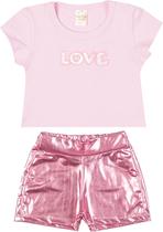 Conjunto Menina Verão Shorts Cirrê Brilho Rosa