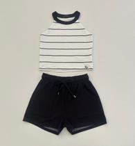 Conjunto Menina Vic Vicky Cropped Off Listras e Shorts Preto Moda Teen Verão