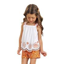 Conjunto Meninas Blusa Branca Alças Bordado Vazado e Short Laranja Nanai
