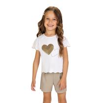 Conjunto Meninas Blusa Branca Coração Dourado e Pérolas e Short Amêndoa Milon Tamanho:14 anos Conjunto Meninas Blusa Branca Coração Dourado e Pérolas e Short Amêndoa Milon Tamanho:14 anos