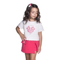 Conjunto Meninas Blusa Branca Flor Coração e Short Saia Rosa Have Fun