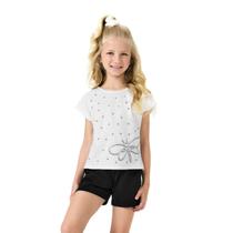 Conjunto Meninas Blusa Cropped Branca Borboleta e Short Preto Kyly