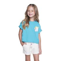 Conjunto Meninas Blusa Cropped Turquesa Love e Short Branco Have Fun