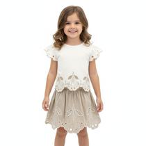 Conjunto Meninas Blusa Off-White e Saia Tricoline Amêndoa Bordado Corte Laser Milon