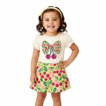 Conjunto Meninas Blusa Off-White Laço e Saia Limone Cerejas Kyly Tamanho:6 anos