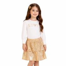 Conjunto Meninas Blusa Off-White Love Bordado e Saia Dourada Paetês Milon Tamanho:14 anos